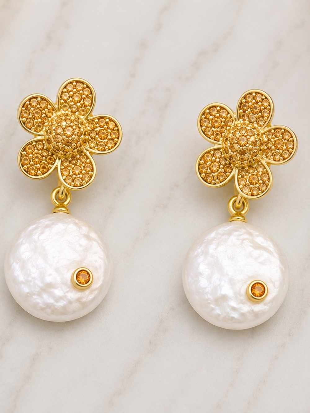 Goldfilled  Flower Pearl Drop Earrings - Women Jewelry